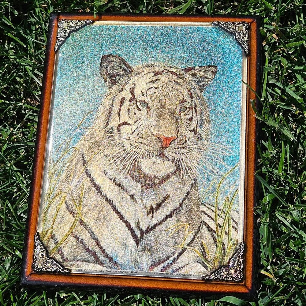 80s boho retro foil white tiger art wall decor
